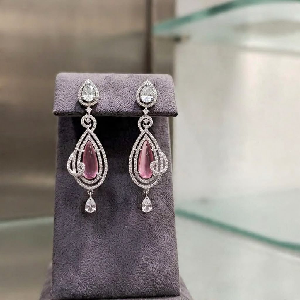 Pink Ear Drop Silver Danglers in one-carat