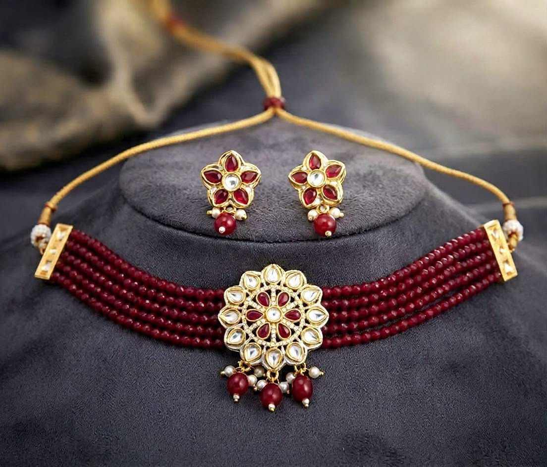 Maroon Floral Kundan Set