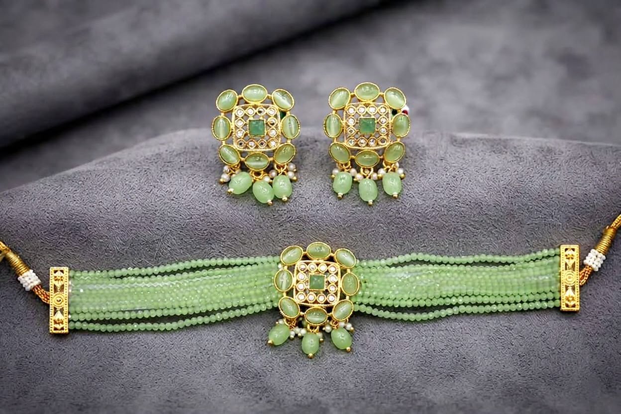 Mint Green Bead  Kundan Set