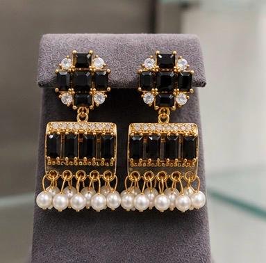 Black Crystal Pearl Chandbali Earrings