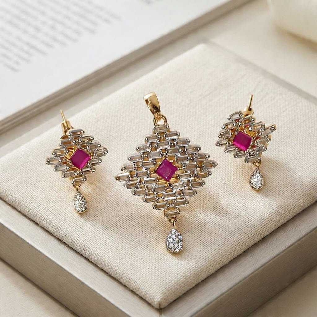 Ruby Baguette Geometric Pendant set (ONE-CARAT)