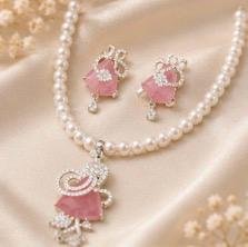 One Carat Pink Bow Pearl Pendant Set