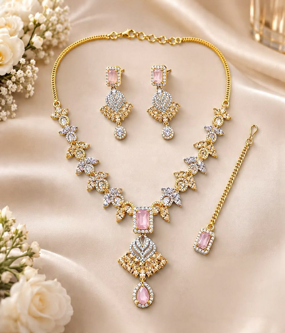 Pink Crystal gold tone Bridal set