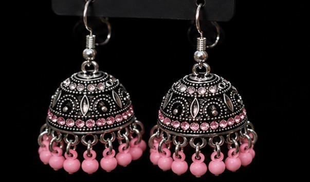 Oxidized Silver Pink Bead Jhumka Earrings