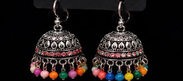 Oxidized Silver Multi Bead Jhumka Earrings
