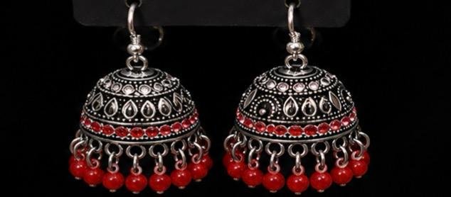 Oxidized Silver Red  Bead Jhumka Earrings