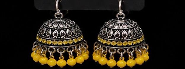 Oxidized Silver Yellow Bead Jhumka Earrings