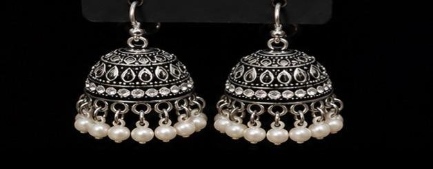 Oxidized Silver White  Bead Jhumka Earrings