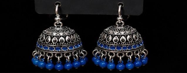 Oxidized Silver Blue Bead Jhumka Earrings