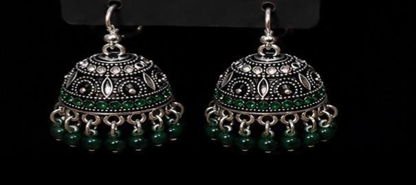 Oxidized Silver Green Bead Jhumka Earrings