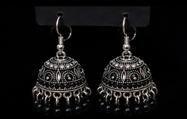 Oxidized Silver Black Bead Jhumka Earrings