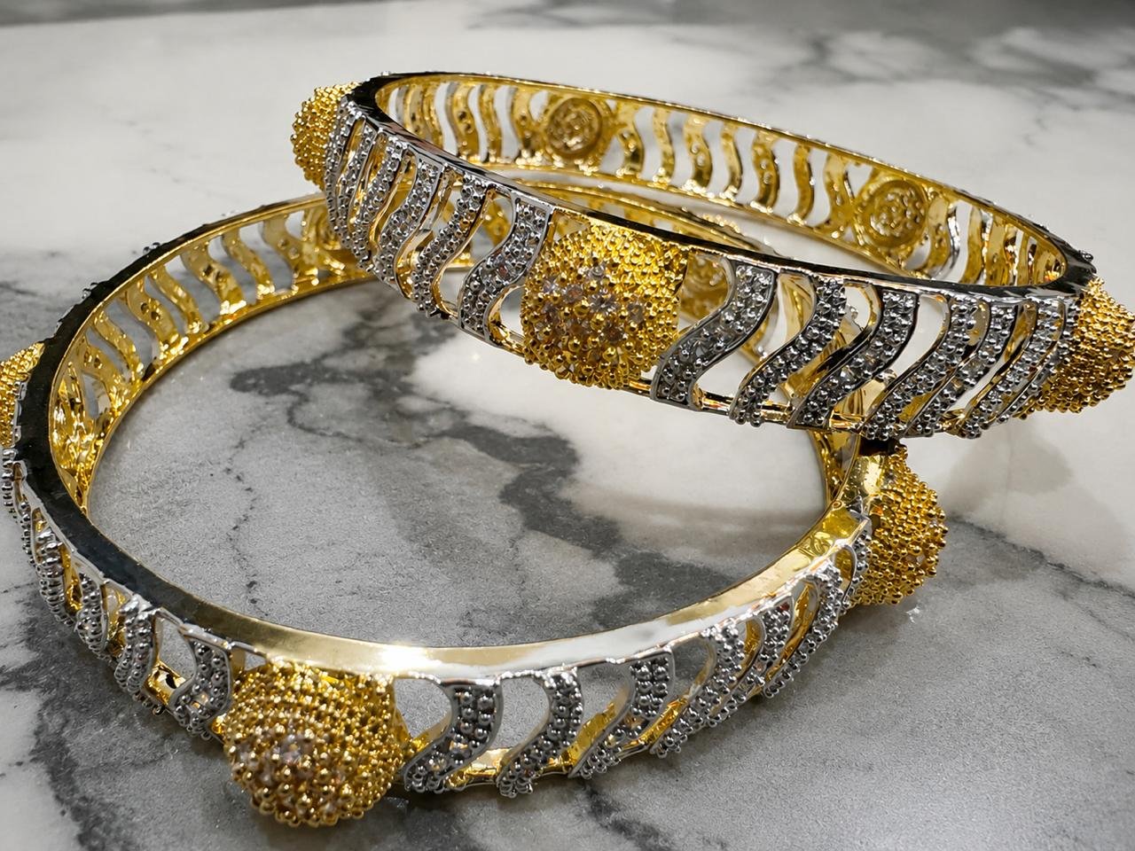 One Carat Floral Lattice Rhodium Golden Bangle Pair