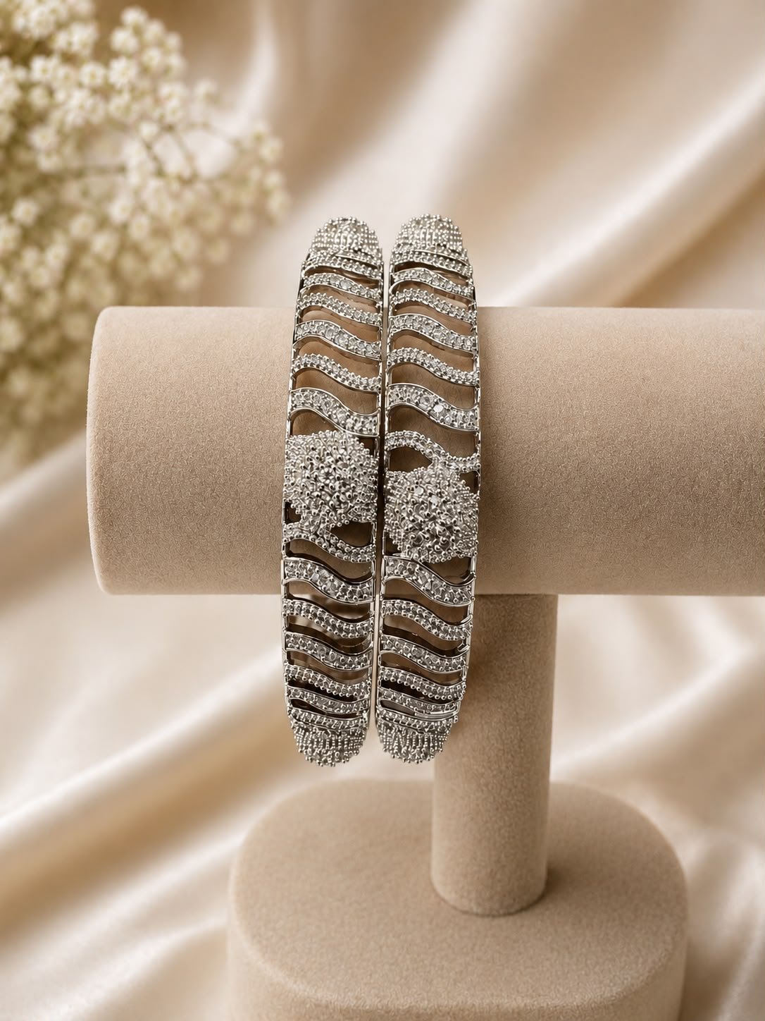 One Carat Floral Lattice Rhodium Silver Bangle Pair